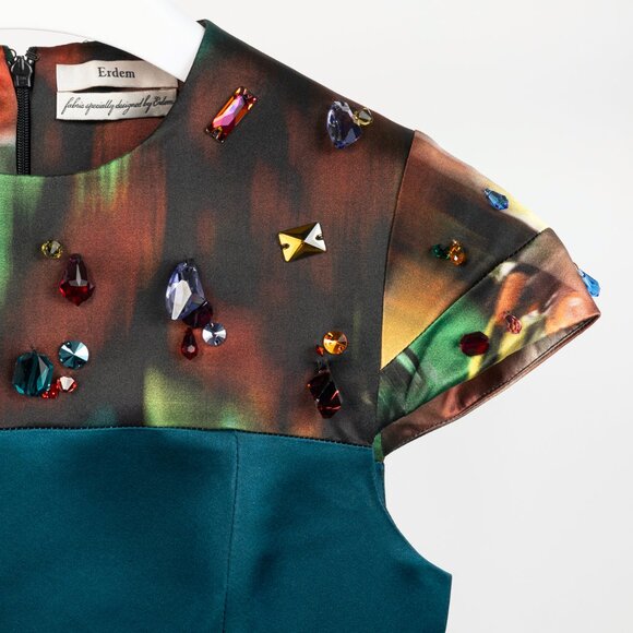 Erdem Teal Silk Satin Embellished-Yoke Pleated Dress - Picture 4 of 12